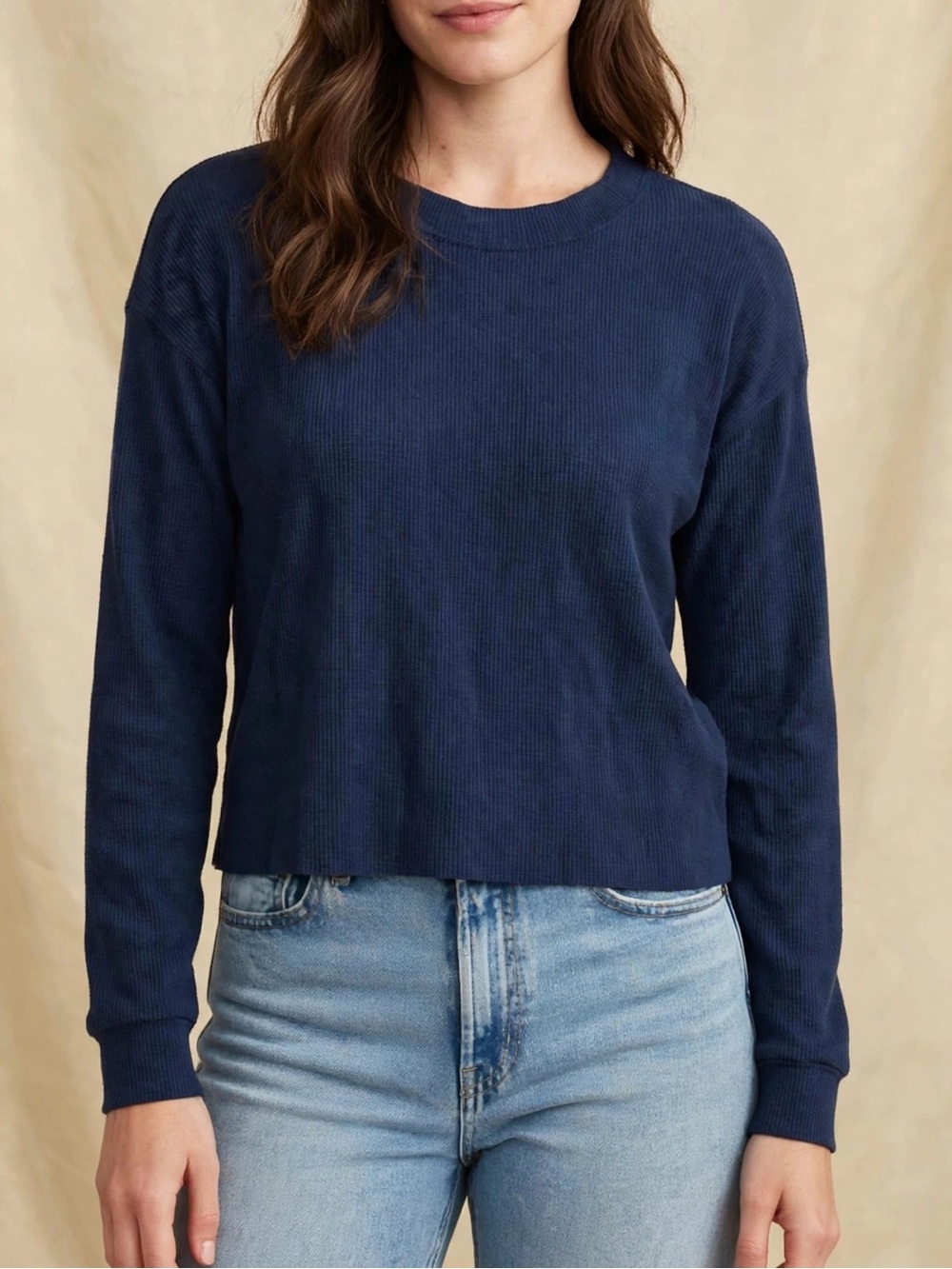Forever 21 Navy Ribbed Long-Sleeve Crewneck Top MEDIUM